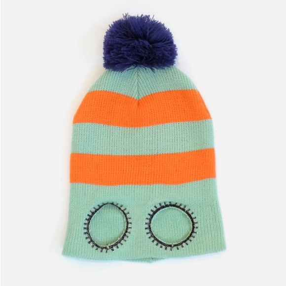 {Indikidual} Knitted stripe balaclava hat with funny eye holes and pom Pom - Picture 5 of 14